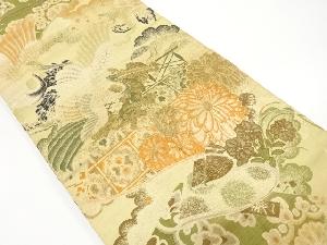 アンティーク　鶴に読み本・菊模様織り出し名古屋帯（材料）